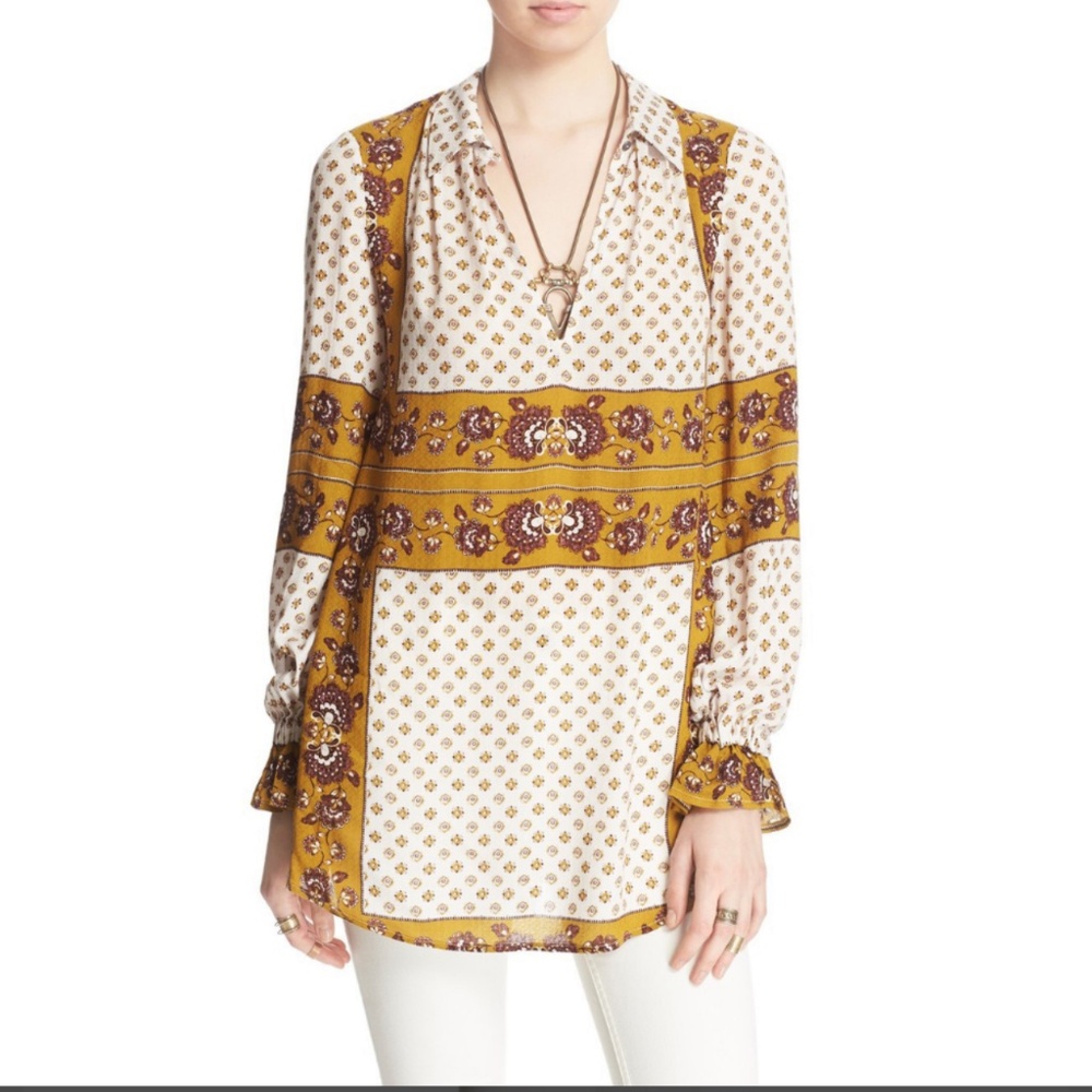 Free People Bohemian Changing Times Printed Blouse Top Shirt Long Sleeve Size M